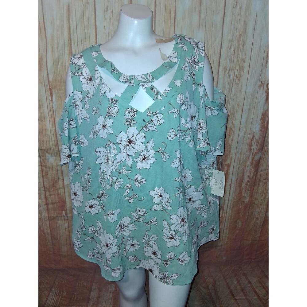 NWT Flower & Feather Multicolor Floral Short Cold Shoulder Sleeve Blouse Sz 2XL